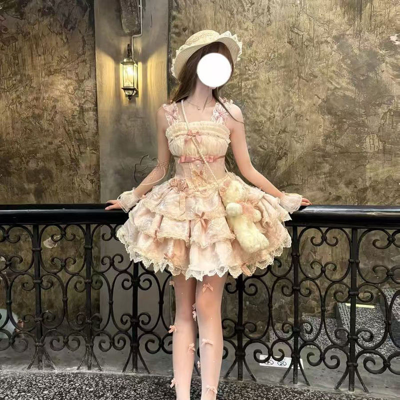 银月原创[芭蕾礼遇]甜美洛丽塔短袖蓬蓬裙抽褶蝴蝶结少女装lo裙