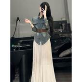 女春季 套装 温柔气质收腰显瘦百褶半身裙 衬衫 韩系小众掐腰牛仔长袖