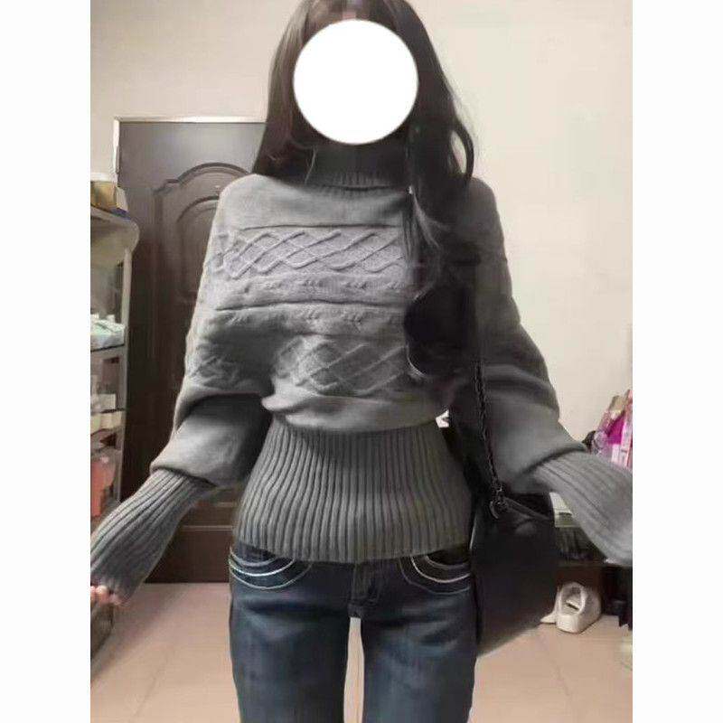 春季加厚实灰色高领毛衣女慵懒高级感可外穿内搭套头麻花针织上衣