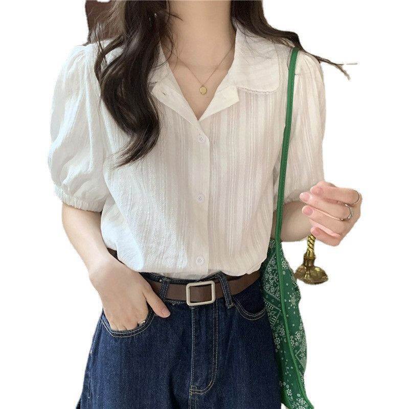 棉蕾丝花边短袖衬衫女夏季小个子甜美娃娃领设计感气质开衫上衣