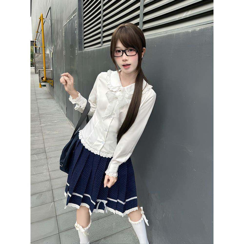 波点裙绀色百褶裙字型白色半身裙