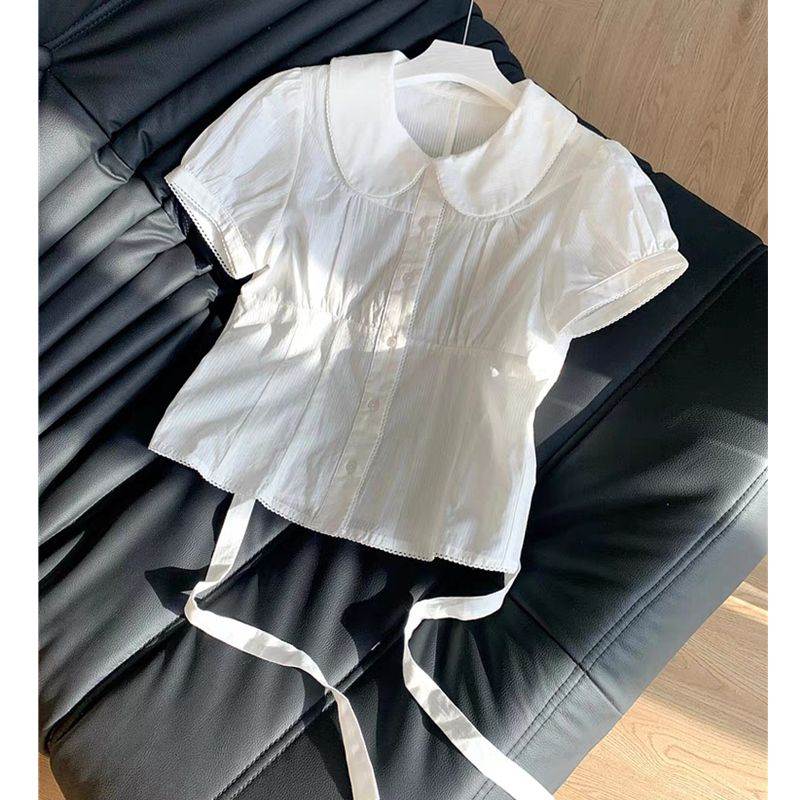 法式甜美白色系带娃娃领衬衫女夏季棉短袖衬衣修身收腰短款上衣