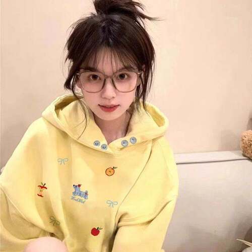 棉重磅450银狐绒美式复古纽扣连帽卫衣女2026春季印花百搭上衣