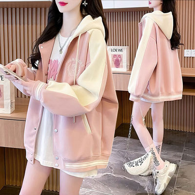 韩版时尚连帽卫衣女薄款刺绣中长款洋气减龄加绒棒球服外套女ins