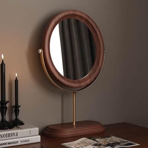 实木镜子中古风化妆镜台式桌面家用高清大号圆镜卧室梳妆台梳妆镜