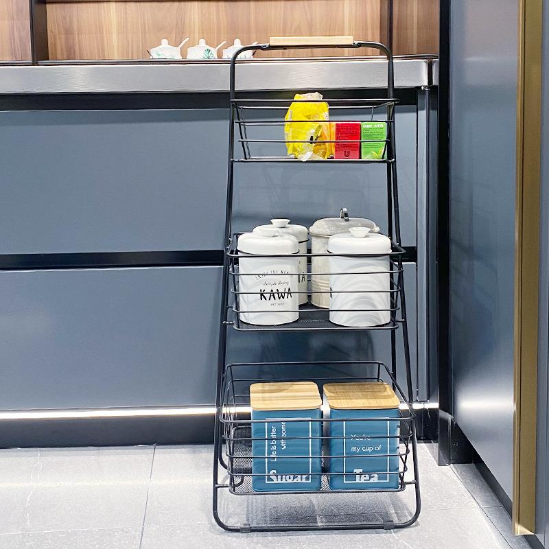 厨房置物架落地多层黑色卧室带木手柄放蔬菜杂物收纳架浴室储物架