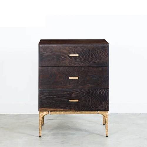 北欧表情轻奢简约金色铁艺橡木工业风床头柜边几三抽屉斗柜储物柜