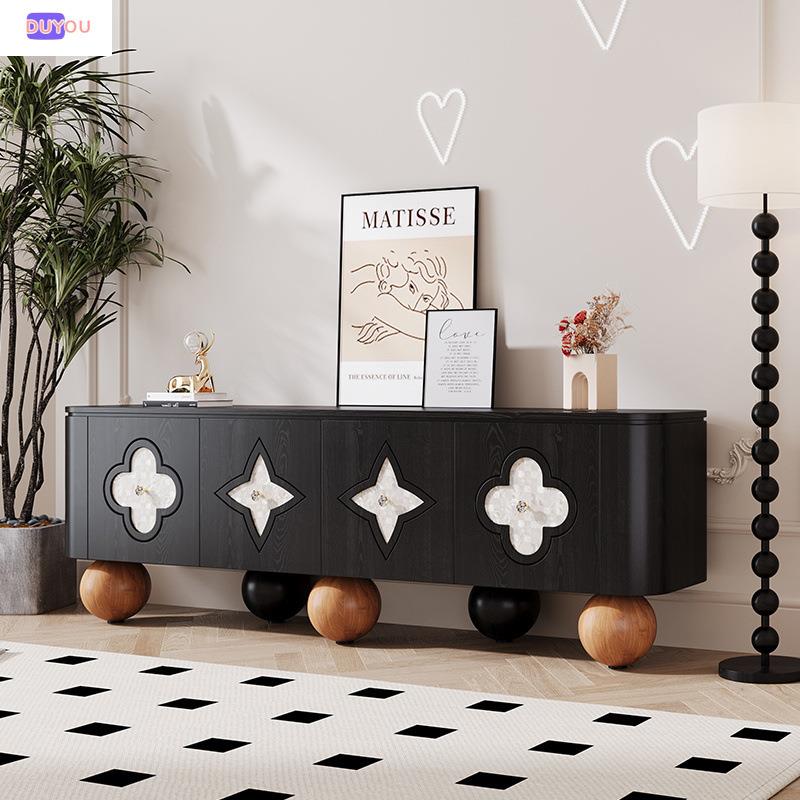 实木复古电视柜法式四叶草电视柜圆脚设计客厅视听柜黑色高端收纳