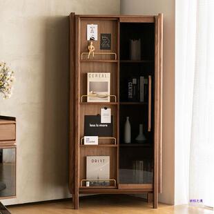 北欧黑胡桃木实木书架简约落地带灯玻璃移门展示柜樱桃木置物架