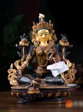 度母铜像摆件尼泊尔手工7寸青铜镀金绿度母铜像