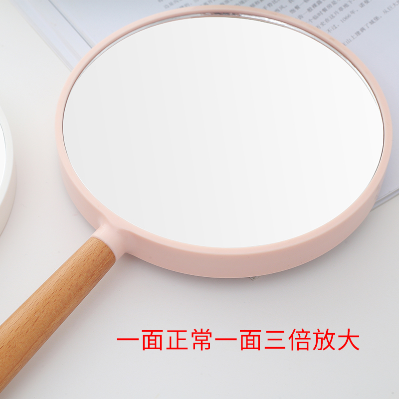 榉木双面手柄镜美容院便携纹绣专用木制复古化妆镜圆形手拿镜子女