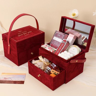 双层绒布伴手礼盒 中式喜糖盒结婚伴娘礼物复古礼品化妆盒空盒子