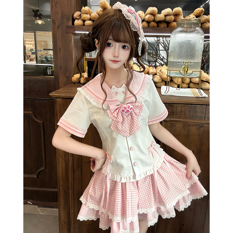 不眠岛原创JK制服【格子猫】日系收腰显瘦幼稚园水手服蛋糕裙套装