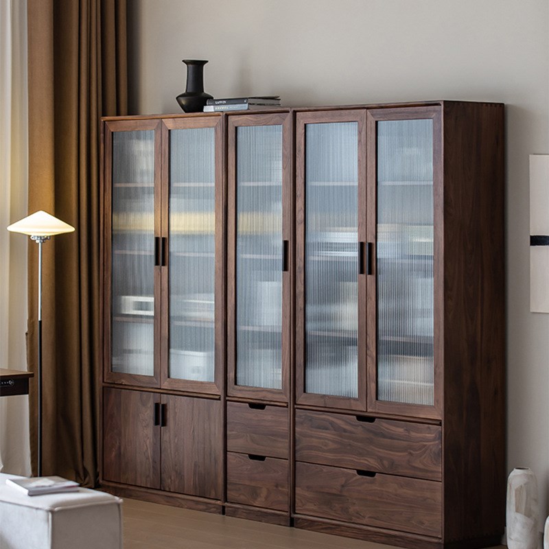 现代简约黑胡桃木全实木玻璃门储物柜书柜组合书柜展示柜书橱书房