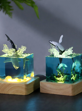 创意海洋树脂手工艺品鲸鱼座头鲸海豚巨齿鲨咖啡厅家居小夜灯摆件