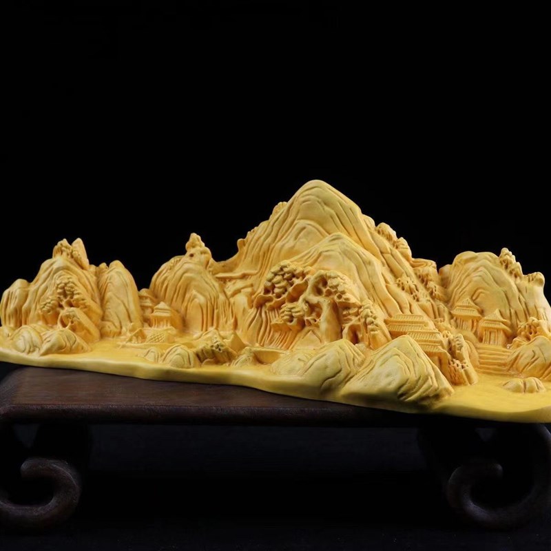 黄杨木雕刻千里江山摆件山水画笔搁笔架手把文房礼品家居饰品发完