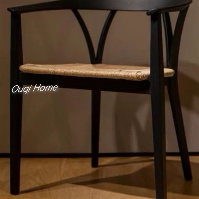 V型中古实木家用餐椅简约复古风编绳椅客房书桌阳台休闲椅