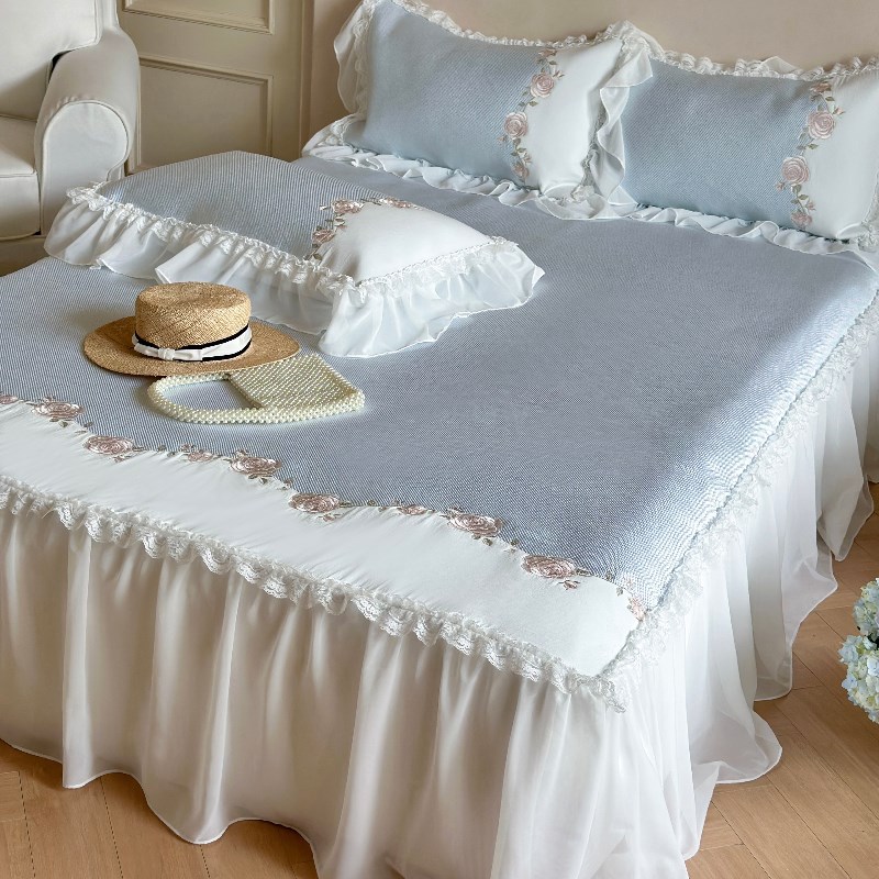 小清新夏季冰丝凉席三件套可水洗少女心刺绣床裙款1.8米空调软席