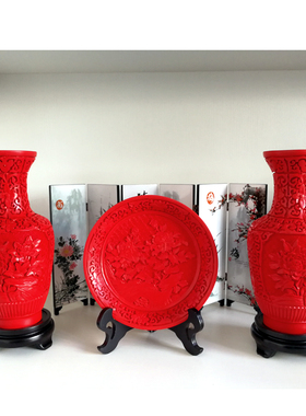 中国红雕漆工艺摆件古典漆器花瓶 扬州特色家居商务外事文化礼品