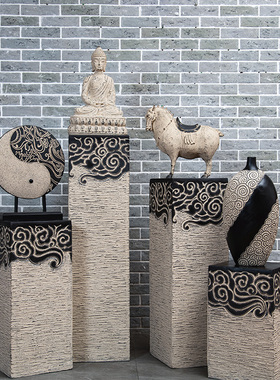 中式祥云展示柱复古客厅摆件大型落地底座禅意庭院玄关招财石柱