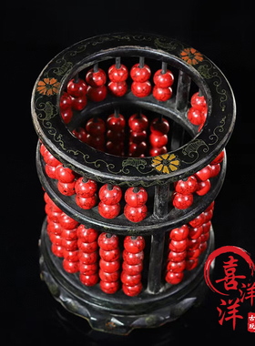古董文玩木胎漆器彩绘红松石乔记帐房圆算盘笔筒摆件复古老物件