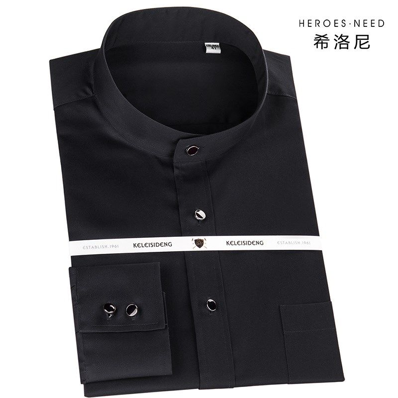 HN高端白色丝光棉中华立领衬衫男士长袖全纯棉高档商务小立领衬衣