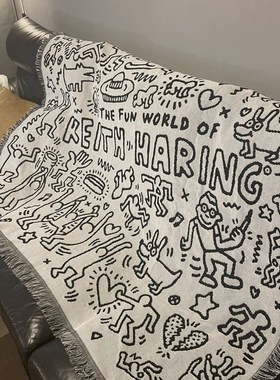 凯斯哈林 黑白 涂鸦大师 Keith haring 提花大小号沙发毯子 装饰