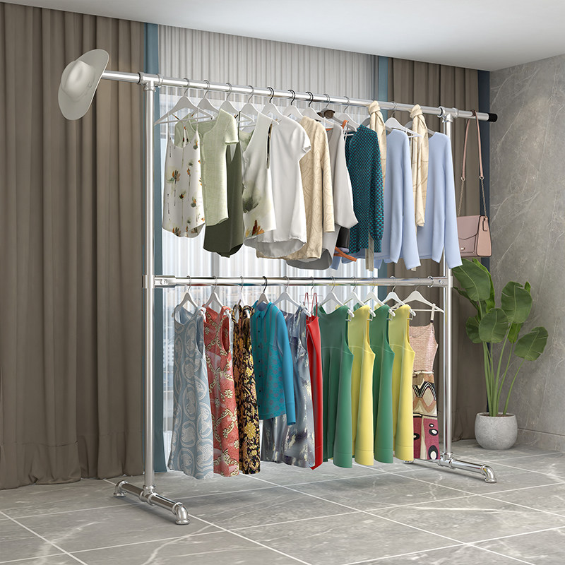 简易双杆晾衣架家用室内镀锌钢管落地式挂衣架阳台室外加长晒被架