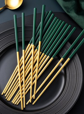 304不锈钢复古金属合金墨绿色筷子家用欧式家庭防滑防霉耐高温