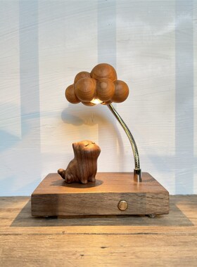 木雕猫咪元素充电小夜灯桌面装饰木质创意礼品原木实木夜灯摆件