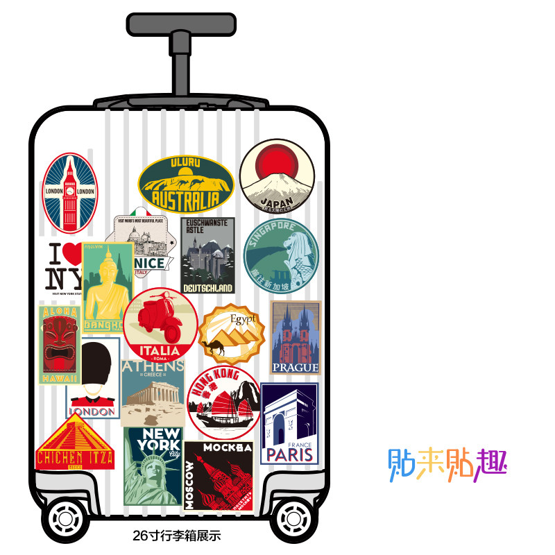 日默瓦旅游系列个性欧美城市地标行李箱贴纸怀旧复古拉杆箱子贴画