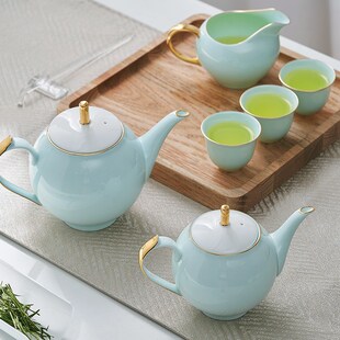 华光国瓷青瓷功夫茶具高档描金茶具套装家用办公送礼礼盒湖光秋月