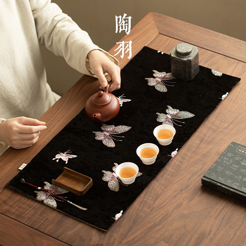 蝴蝶丝绒双面刺绣茶席加厚茶巾茶桌布吸水茶桌垫子养壶巾茶具配件