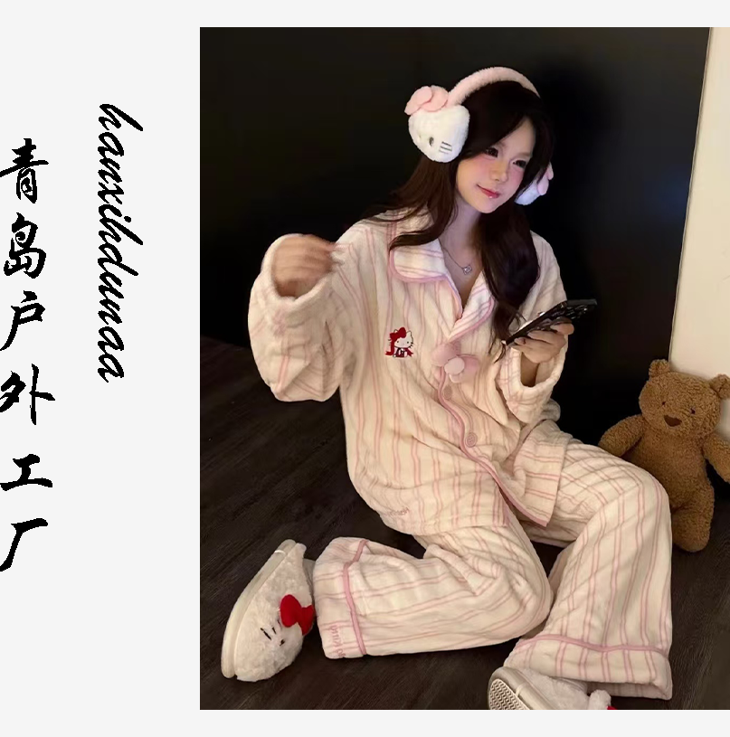 派家经典冬款条纹KT秋冬新款条纹KT猫睡衣女长袖长裤家居服套装