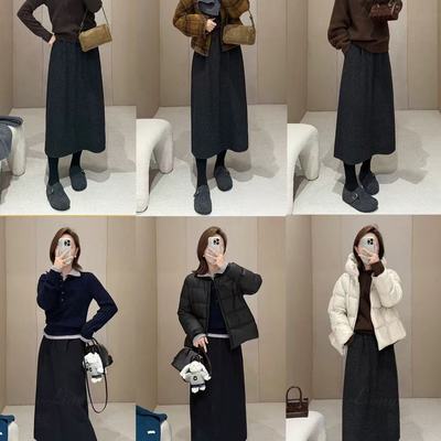 通勤高腰A字半身裙女冬季中长款毛呢藏肉黑色裙子