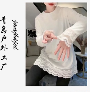法式蕾丝拼接长袖T恤女白色圆领宽松中长款打底衫叠穿上衣