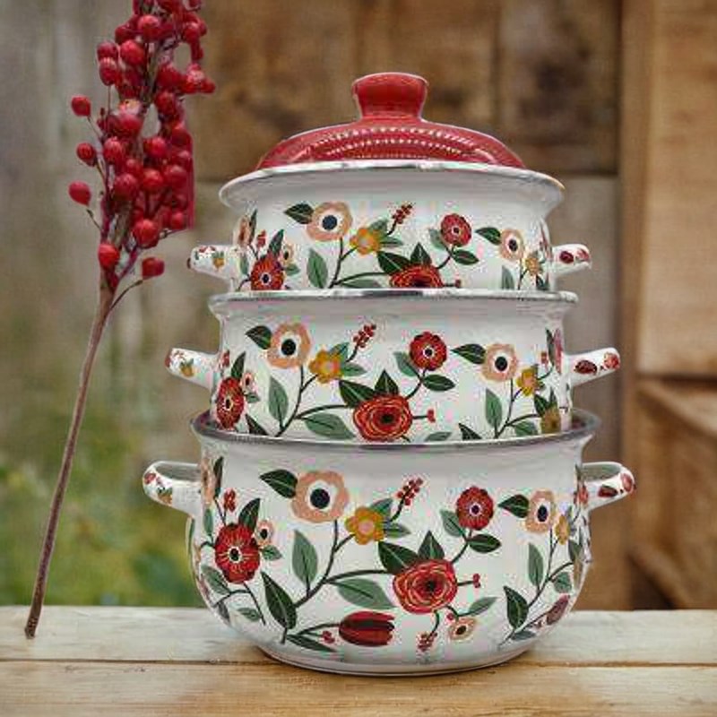 加厚搪瓷锅三件套双耳汤锅家用炖锅平底锅电磁炉煲汤煮面辅食奶锅