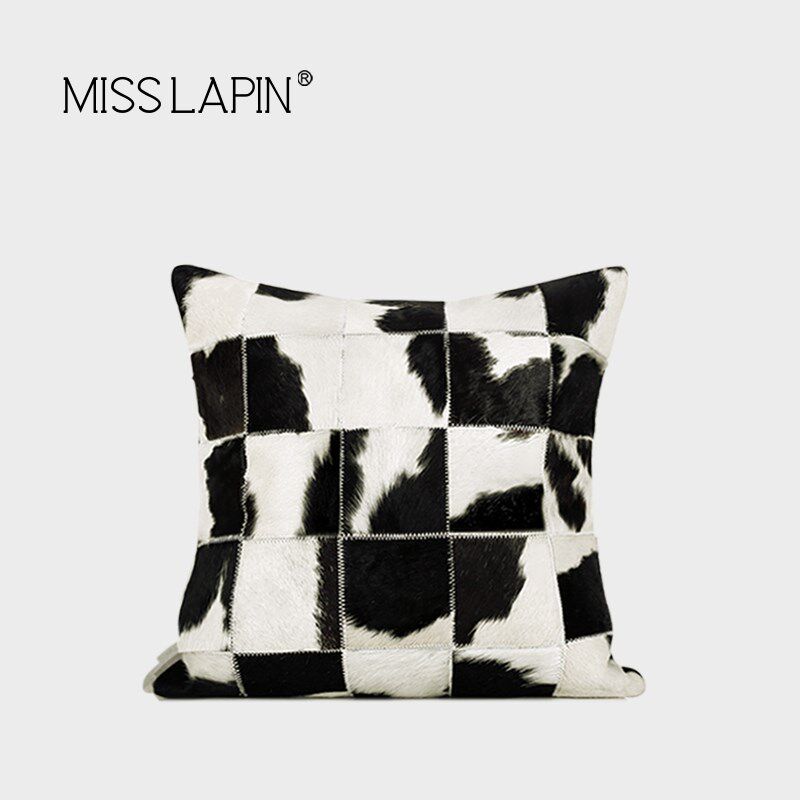 澜品现代简约高奢真牛皮黑白奶牛纹抱枕样板间卧室客厅沙发靠枕套