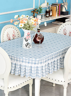 简约蓝色小格子餐桌套罩长方形麻将电视柜盖布正方形老式方桌台布