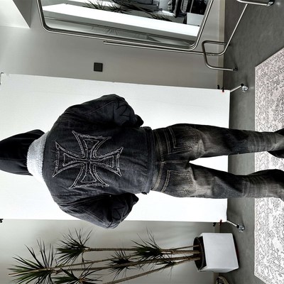 SKPN秋冬12oz盎司复古直筒微喇竹节棉水洗做旧破坏立体猫须牛仔裤