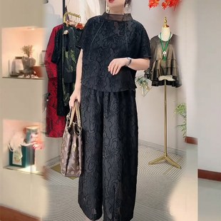 裤子女夏季新款宽松大码九分裤中年妈妈装阔腿裤松紧腰裤裙高腰裤