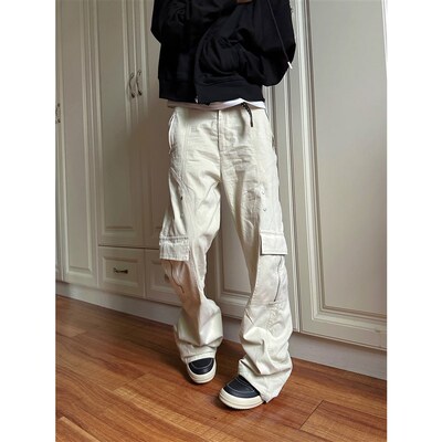F383 2024米白色工装多口袋长裤男女款秋冬新款国潮直筒休闲裤子