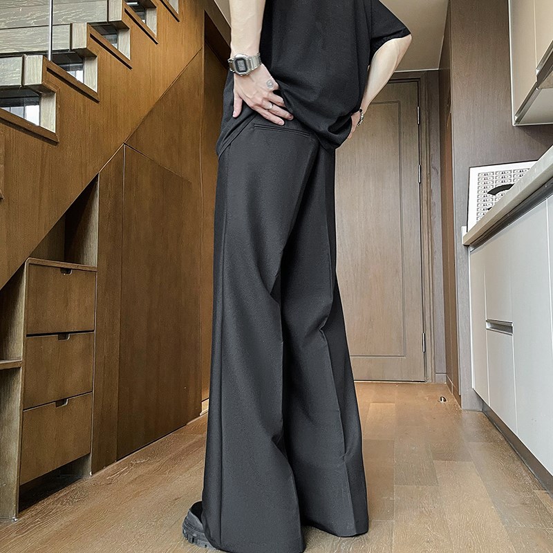 黑色垂感显瘦小西裤男士免烫阔腿宽松坠感直筒轻熟风微喇叭西装裤