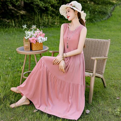 新款波西米亚棉绸连衣裙妈妈海边度假夏季遮肚无袖大摆沙滩裙外穿