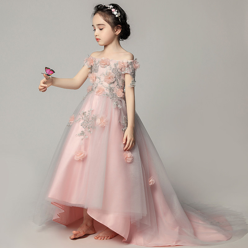 女童晚礼服公主裙儿童拖尾婚纱花童蓬蓬裙粉色主持人钢琴演出服秋