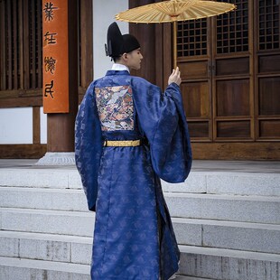 2024汉服男明制妆花仙鹤文官官服圆领袍藏青蓝色司仪中式婚服男