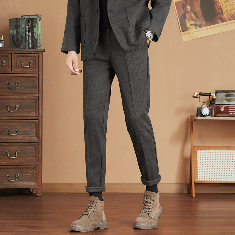 秋冬季毛呢西裤男九分坠感修身商务高档休闲长裤加绒加厚西装裤子