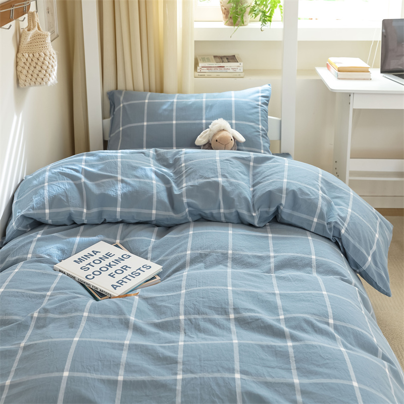 A类蓝色水洗棉床上三件套床套款大学生中生宿舍床笠床被套