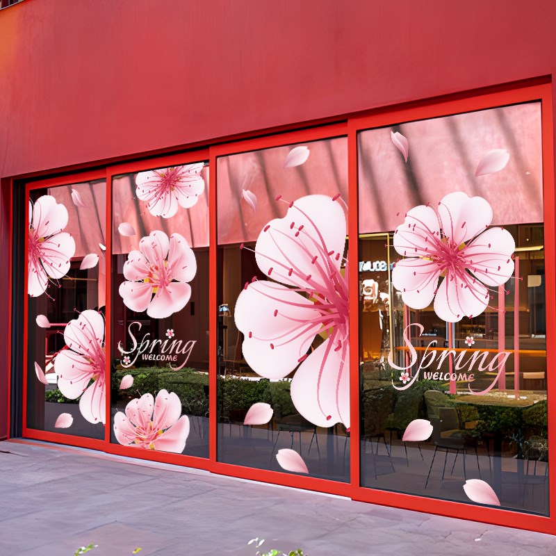春天樱花橱窗装饰玻璃门贴纸粉色花瓣商场服装店春季氛围布置静电
