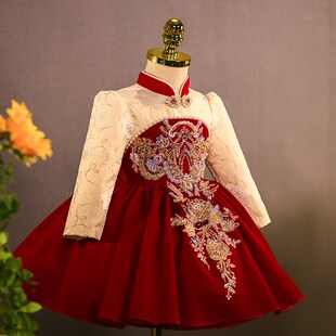 儿童一周岁礼服女宝宝长袖儿童抓周轻奢花童婚礼公主裙中式平时穿